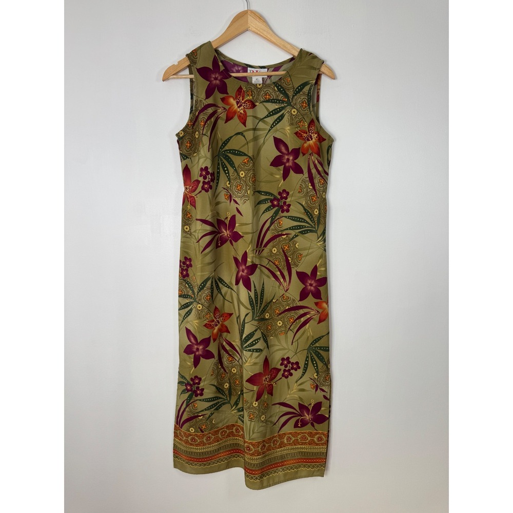 Tropical Boho R&K Originals 8P‎ Shift Dress Olive Green Floral Midi Tie Back